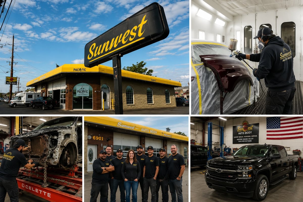 Sunwest automotive shop collage showing storefront with yellow sign, mechanics working on vehicles, team photo, and finished black truck