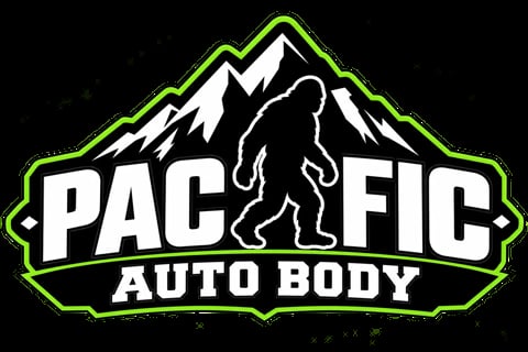 Pacific Auto Body logo featuring a mountain peak, Bigfoot silhouette, and green and white design on black background